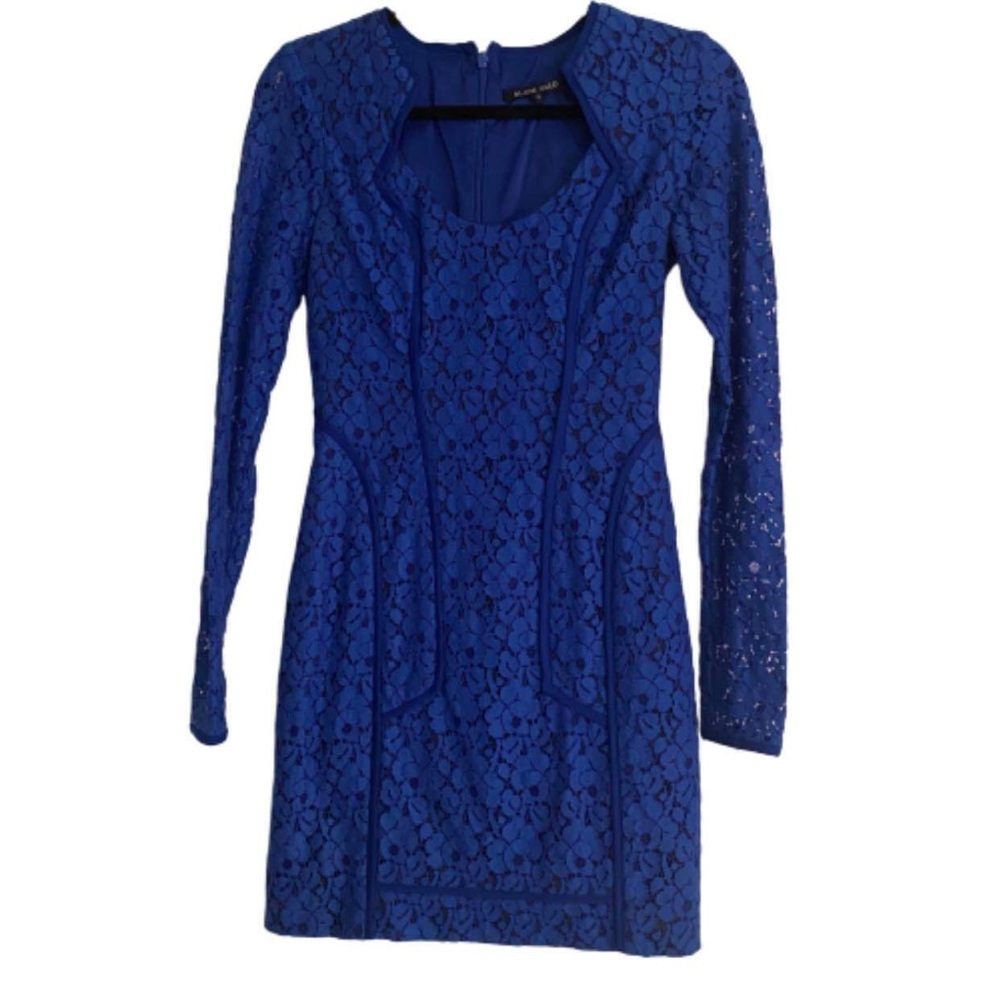 Black Halo Lace Overlay Blue Sheath Dress 0